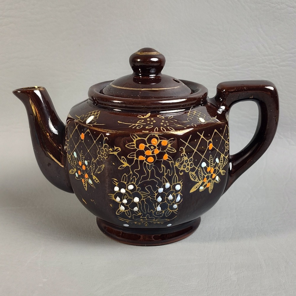 Vintage Brown Betty Moriage Redware Floral Pottery Teapot‎ Japan Hand Painted